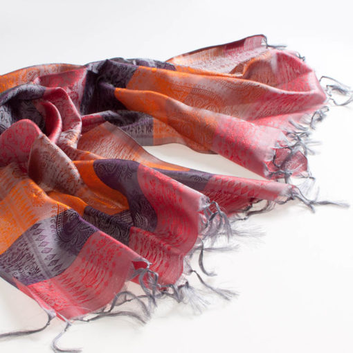 Varanasi Silk Scarf - 55x180cm - Stripey - Red Orange Purple