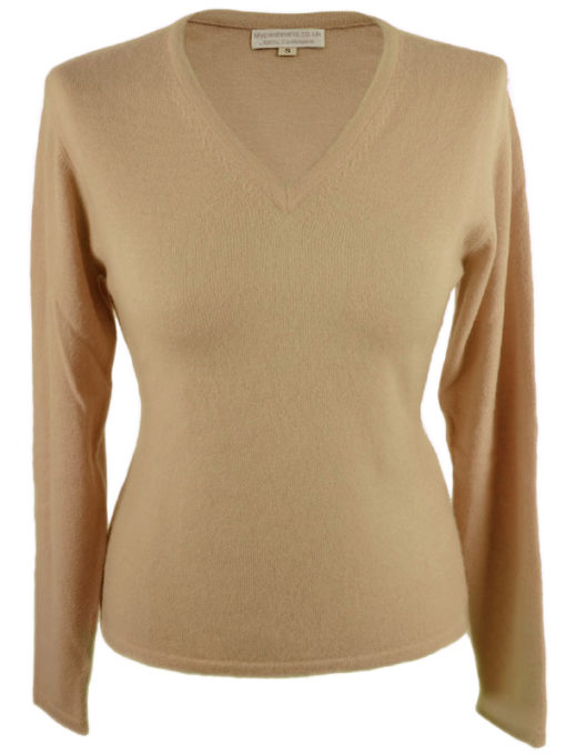 Ladies Fitted V-Neck - Small - 100% Cashmere - Sand