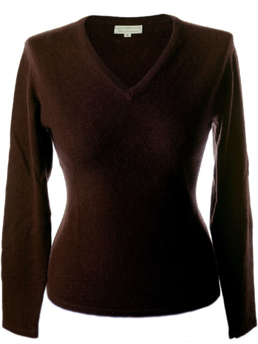 Ladies Fitted V-Neck - Small - 100% Cashmere - Coffee Bean