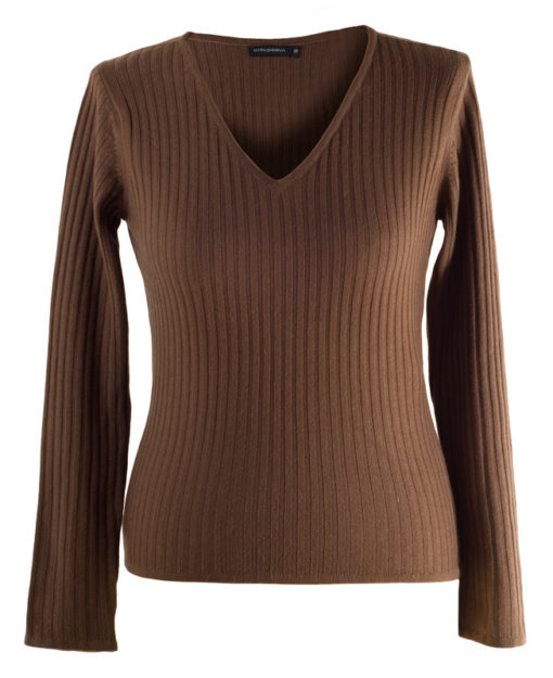 Ladies 3x3 Ribbed Low Cut V-Neck - 100% Cashmere - Small - Cocoa Brown