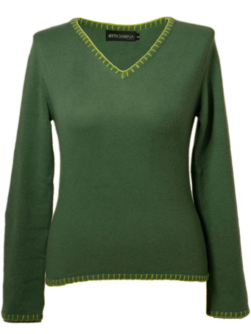 Ladies V-Neck With Overstiched Edges - 100% Cashmere - Medium - Duck Green mp83 / Woodbine mp86