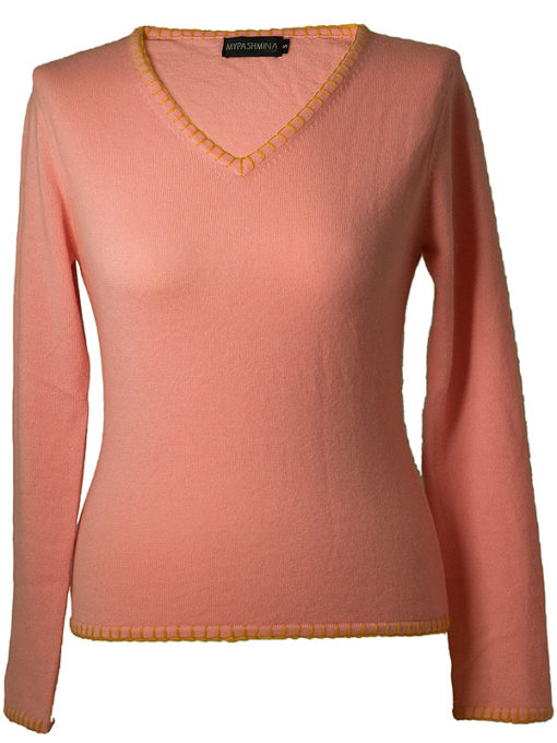 Ladies V-Neck With Overstiched Edges - 100% Cashmere - Medium - Quartz Pink mp38 / Apricot mp18