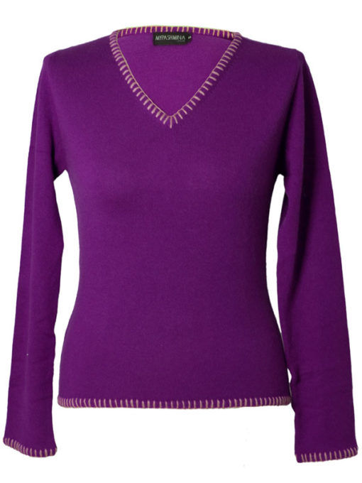 Ladies V-Neck With Overstiched Edges - 100% Cashmere - Large - Royal Purple mp55 / Chateau Rose mp36