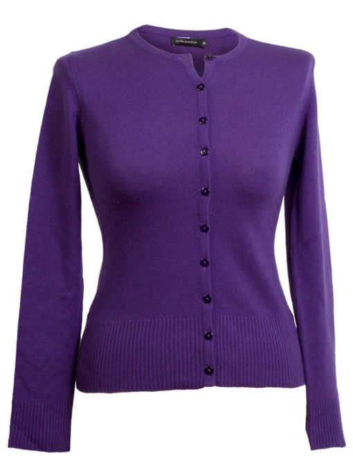 Ladies O Neck Cardigan - 100% Cashmere - Large - Royal Purple